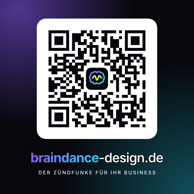 Braindance-Design-Aufkleber mit QR-Code zu braindance-design.de, Logo und Slogan „Der Zündfunke für Ihr Business“